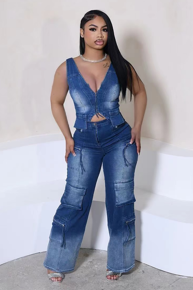 Denim Irregular Vest Pockets Wide Leg Jeans 2pcs Set-Blue