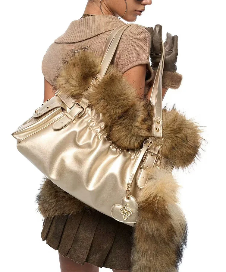 French Apricot Original Design Patchwork Faux Leather Tote Handbag