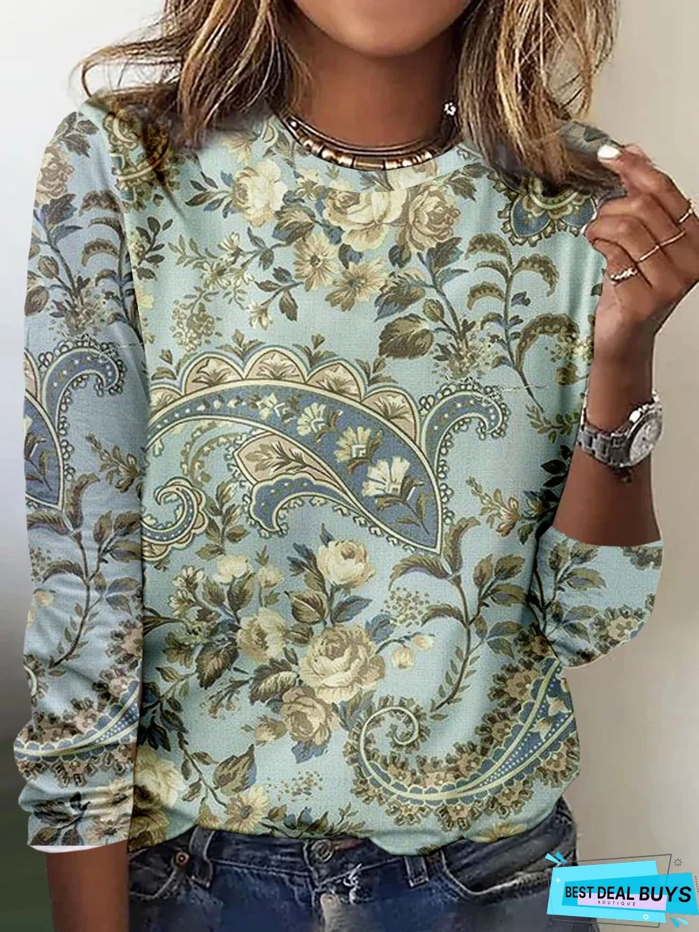 Ethnic Printed Casual Long-sleeve T-shirt