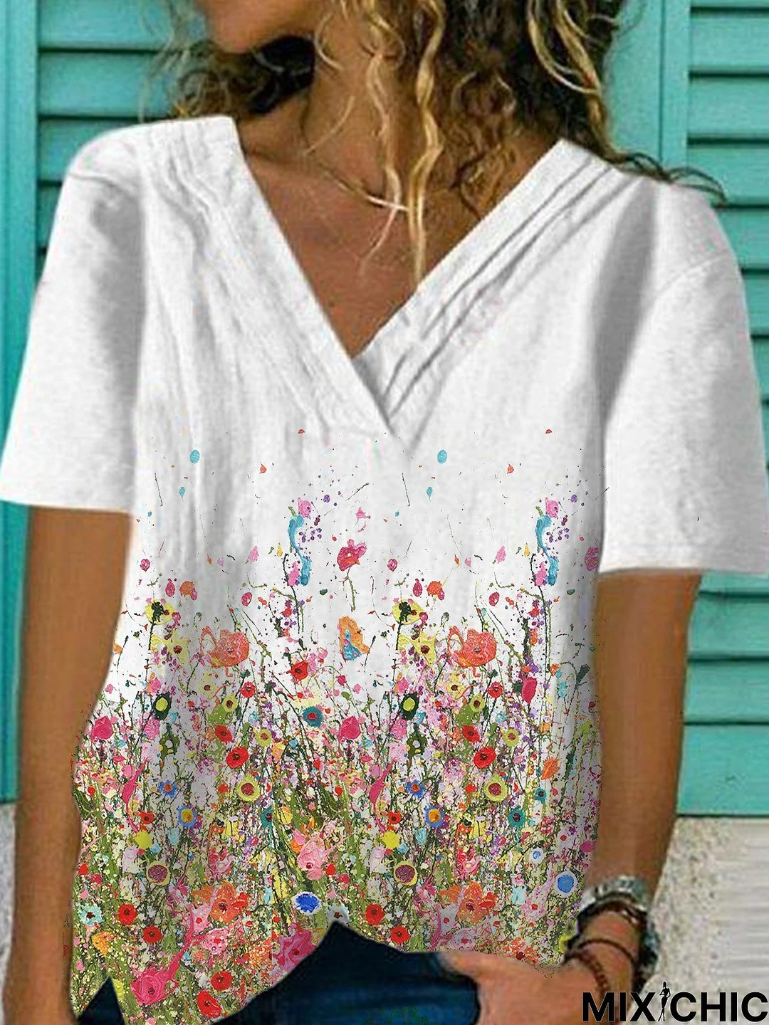 White Floral-Print Cotton-Blend Casual V Neck Top