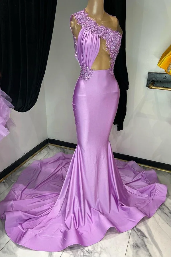 Elegant Purple Sleeveless One Shoulder Mermaid Prom Dress YL0078