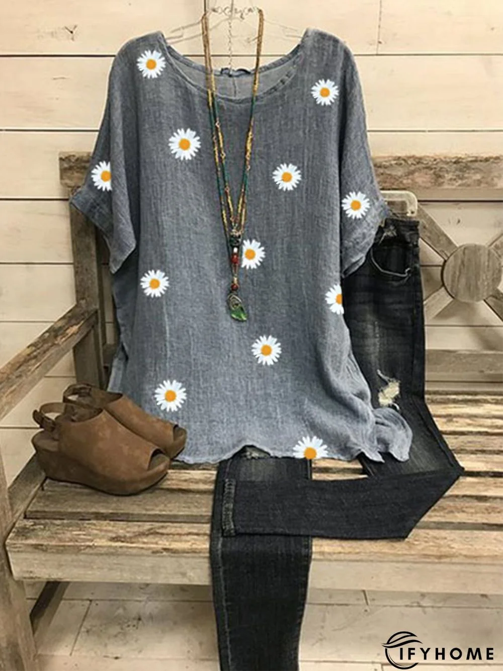 Gray Cotton-Blend Short Sleeve Floral Tops | IFYHOME