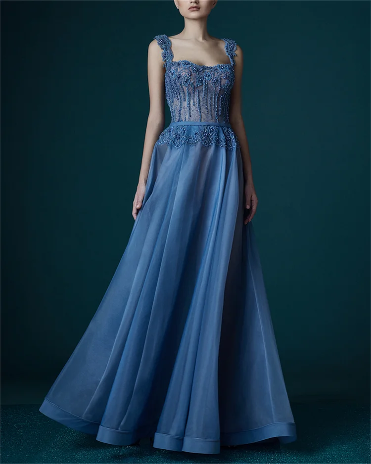 Women's Blue Suspender Embroidery Evening Dress