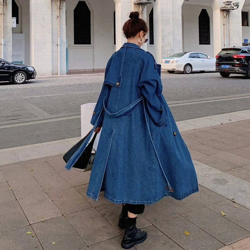 Brand New Elegant Long Women Denim Trench Coat Double-Breasted with Belt Lady Duster Coat Female Cloak Spring Autumn Clothes