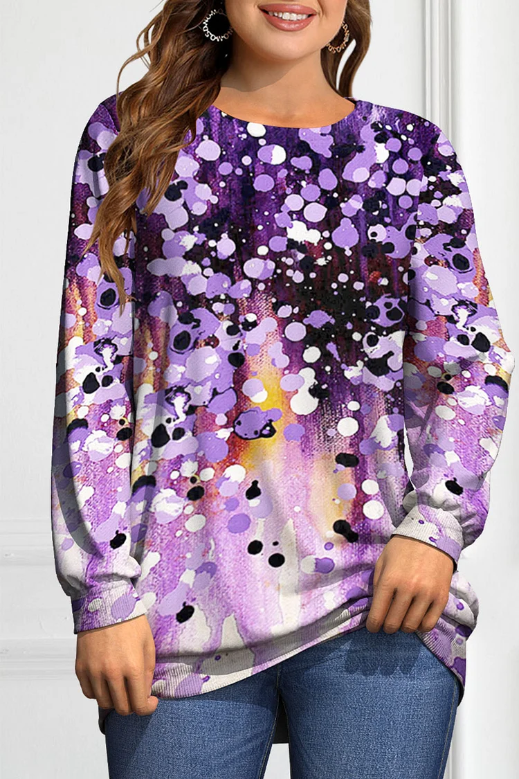 Flycurvy Plus Size Casual Purple Ombre Polka Dot Splash Ink Print Long Sleeve Sweatshirt  Flycurvy [product_label]