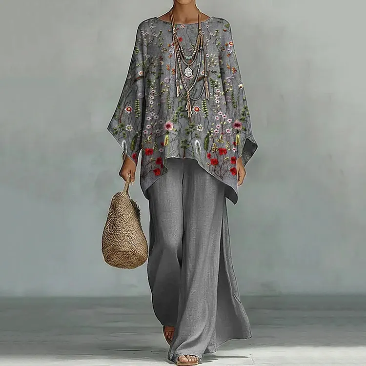 Women's Vintage Floral Art Print Casual Cotton Linen Two-piece Set