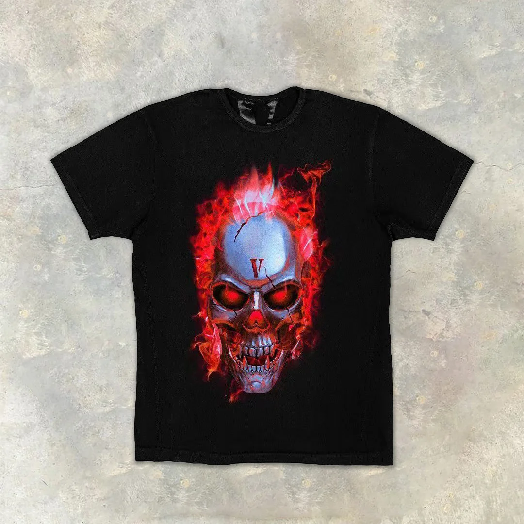 Flame skull casual street short sleeve T-shirt