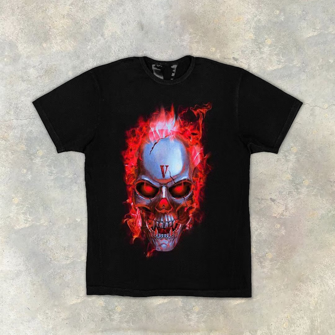 Flame skull casual street short sleeve T-shirt