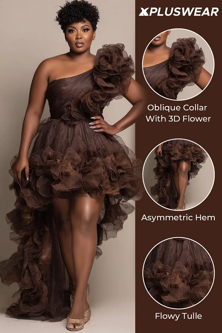 Xpluswear Design Plus Size Party Brown Oblique Collar Ruffle Elegant Asymmetric Hem Tulle Mini Dresses [Pre-Order]