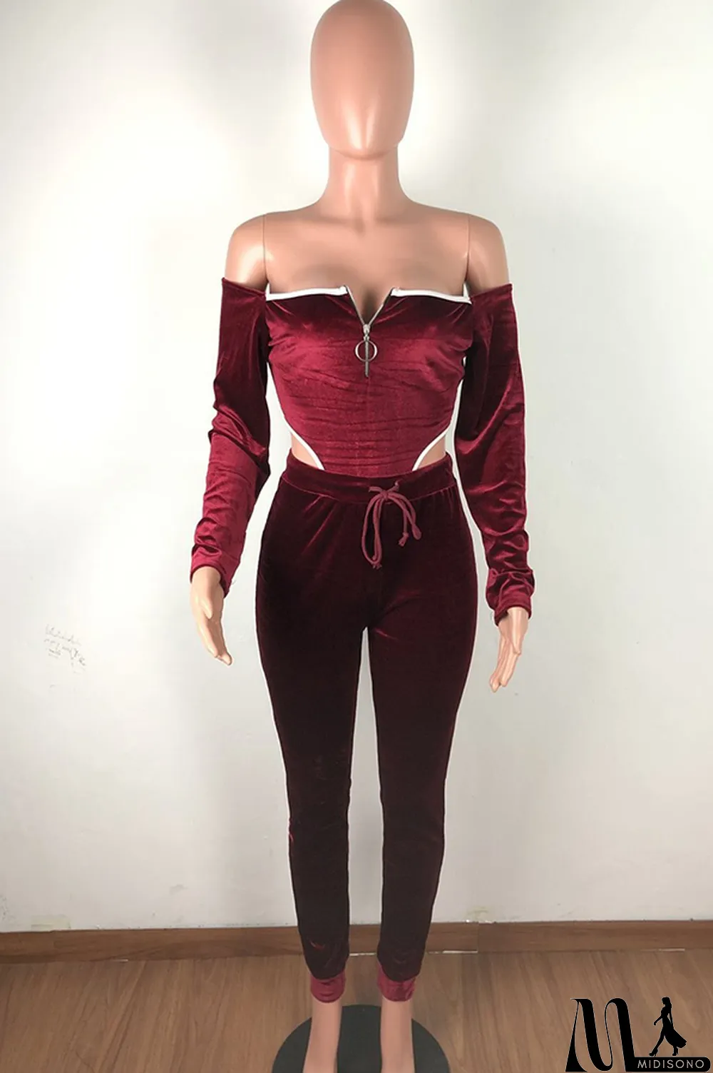 MidiSono - purple Polyester Sexy Solid Two Piece Suits pencil Long Sleeve Two-piece Pants Set