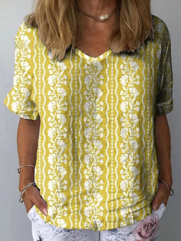 Vintage Buttercup Floral Pattern Printed Women's Casual Cotton And Linen Shirt