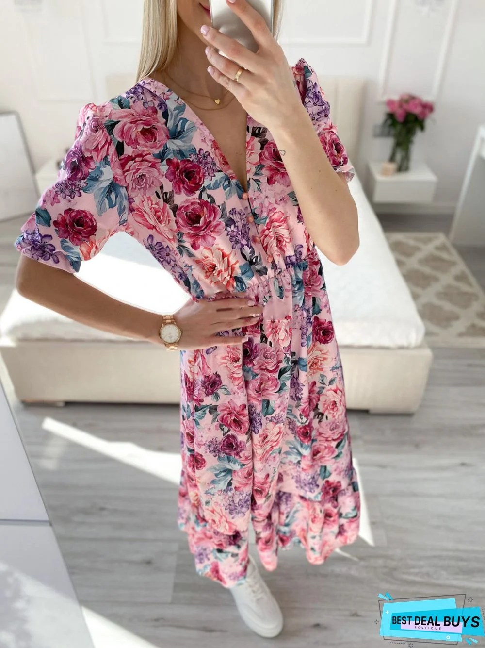 Temperament Short Sleeve Button Print Long Floral Dress