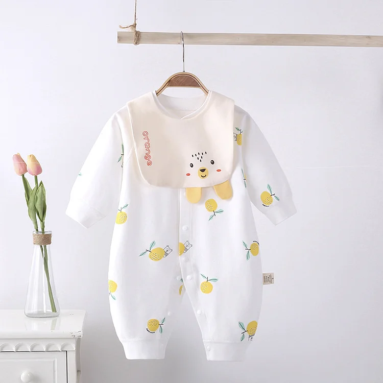 2pcs Newborn Baby Girl 100% Cotton Overall Tangerine Print Casual Front Romper & Lovely Letter and Cartoon Animal Bib Set
