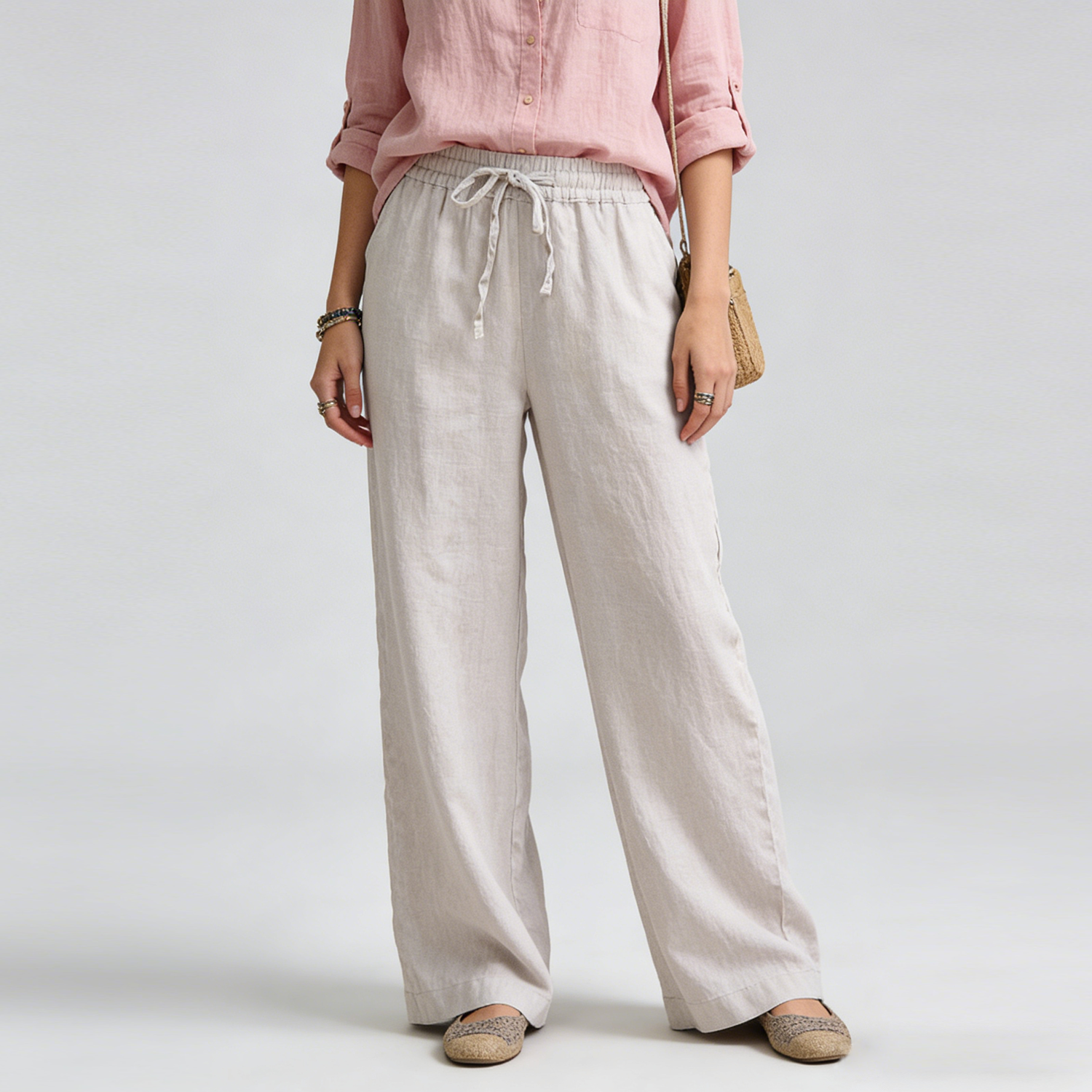 Linen Long Pants Women 100% Linen Drawstring Wide Leg Trousers REAL SILK LIFE