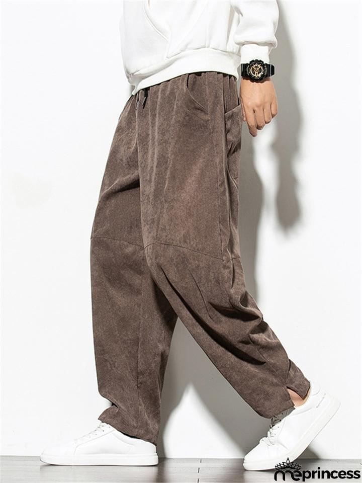 Mens Corduroy Elastic Waist Drawstring Loose Harem Pants