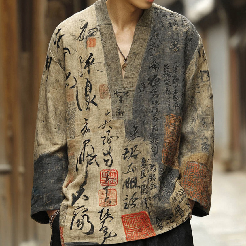 Men's Retro Calligraphy Art Casual Long-sleeved T-shirt  artssus