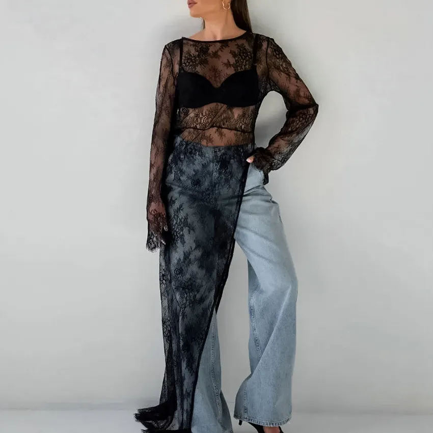 Round Neck Long Sleeve Sheer Lace Asymmetric Slit Maxi Dress