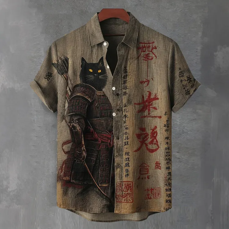 Men's Black Cat Samurai Japanese Kyudo And Calligraphy Print Short-sleeve Shirt