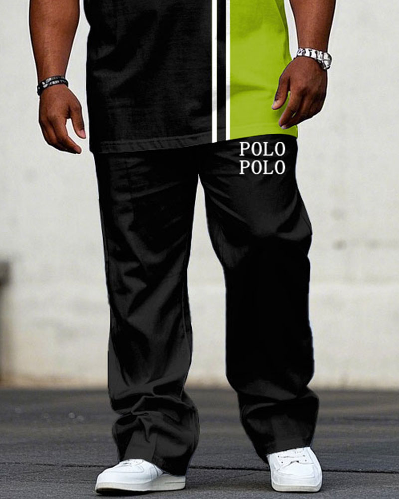 Men's Plus Size Casual Black & Green Chest Design Small Label Printed Short Sleeve T-Shirt Trousers Suit