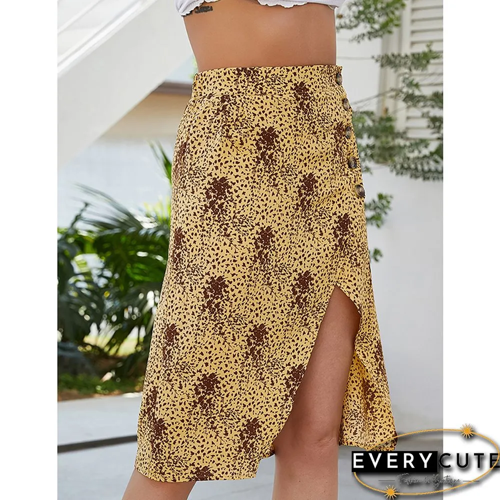 Yellow Floral Print Split Front Wrap Skirt