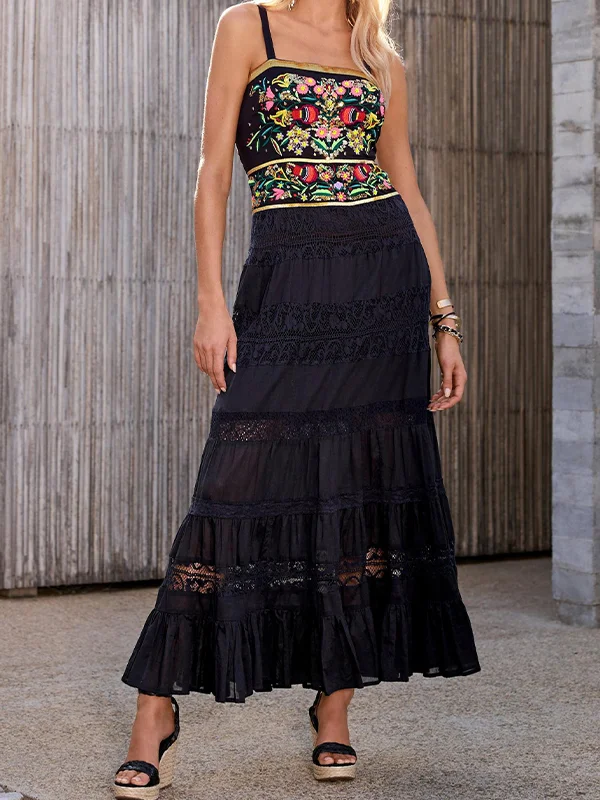 Women's long dress with embroidered straps