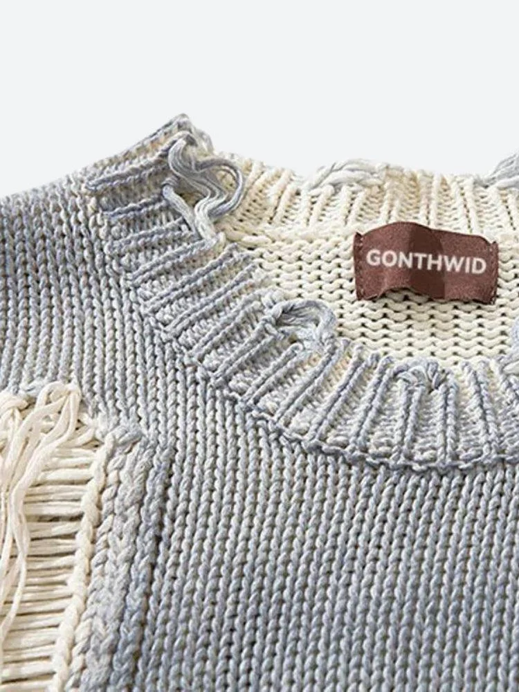 Brownm Tasseled Distressed Sweater