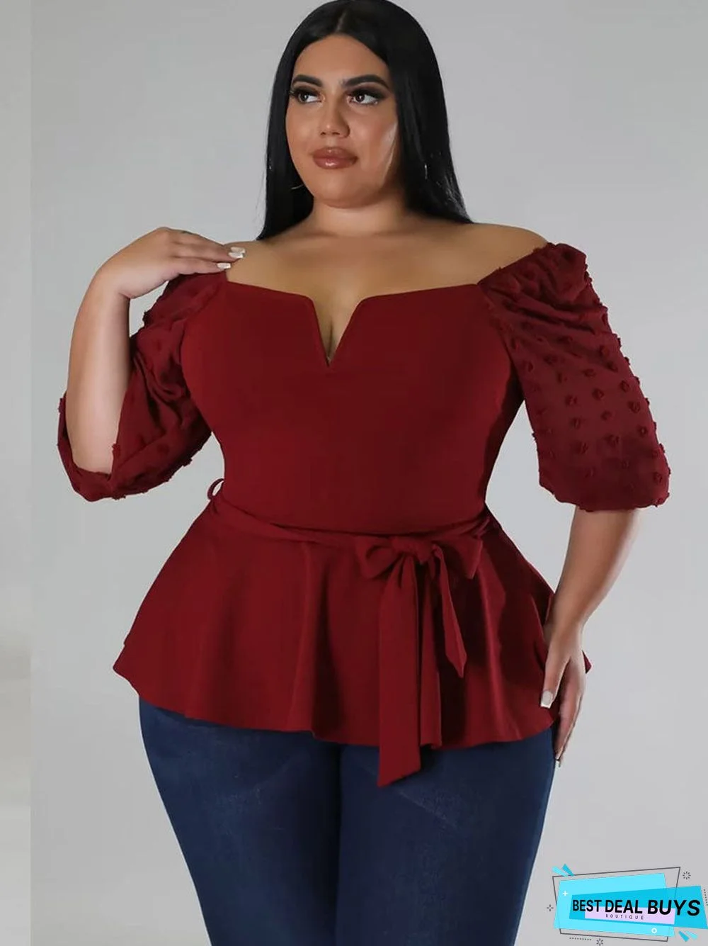 Plus Size Lantern Chiffon Sleeve Peplum Hem Tops