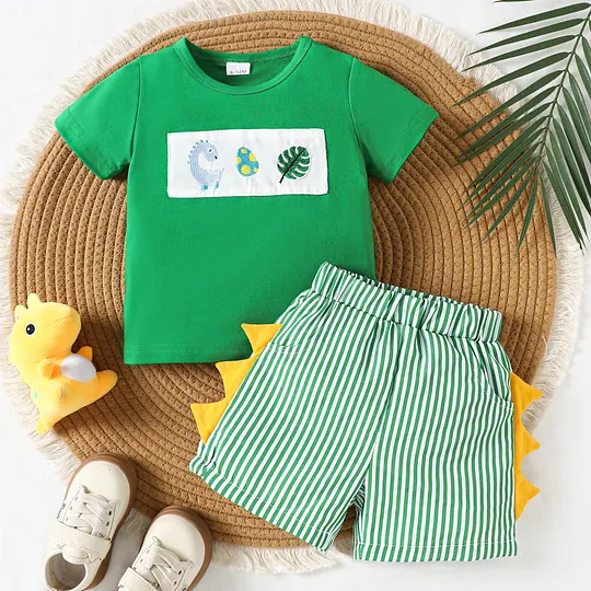 【6M-4Y】Boys' Cute Dinosaur Embroidered Horn T-Shirt & Shorts Set
