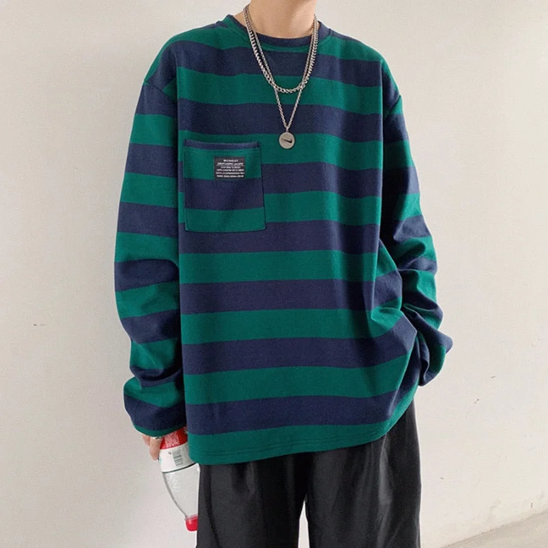 Aonga  Hot Sale Striped All-Match Men's T-Shirt Harajuku Korean Style Loose Oversized Long Sleeve Clothes Hip Hop Streetwear Tops