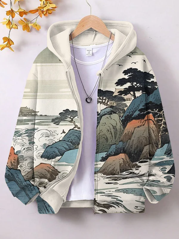 Men's Japanese Landscape Art Landscape Print Hooded Zip Up Jacket