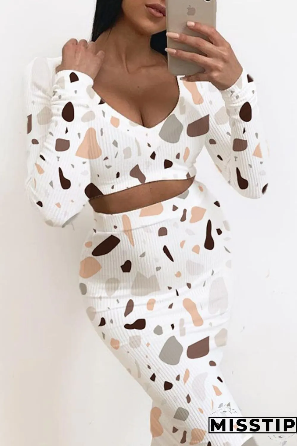 Pink Gray Casual Print Patchwork V Neck Long Sleeve Two Pieces