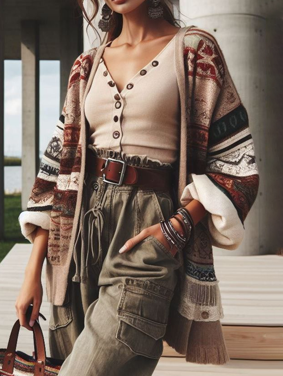 Ethnic Print Long Sleeve Mid-Length Knitted Sweater