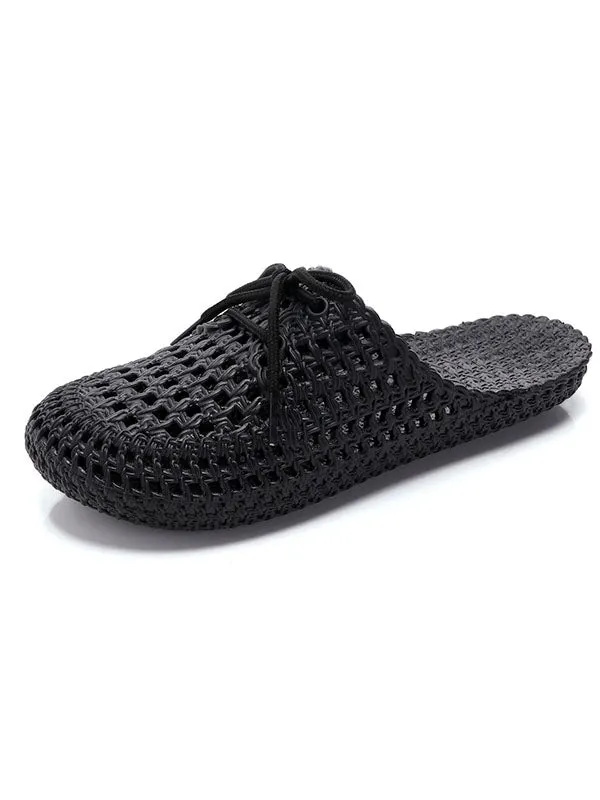 Hollow Lace-Up Round-Toe Mules&Slides Slippers