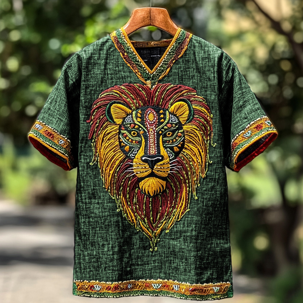 Men's African Ethnic Lion Art Linen Blend T-shirt