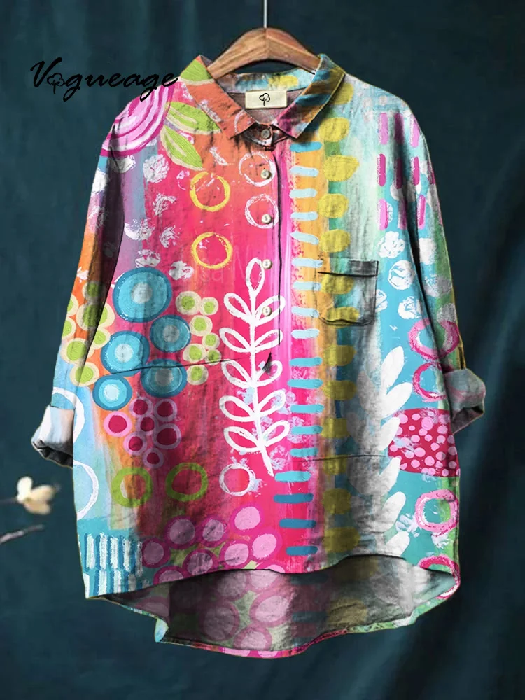 Colorful And Bright Versatile Plants Printed Cotton And Linen Shirt
