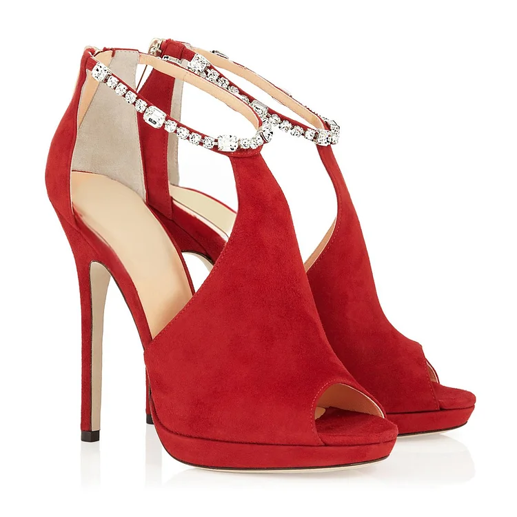 Red Rhinestone Ankle Strap Suede Platform Sandals with Peep Toe Vdcoo