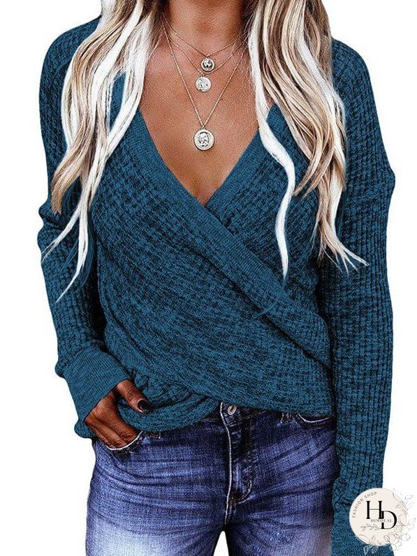 V-Neck Ladies' Sweater With Cross Detail In Solid Colors And Sexy Long Sleeves