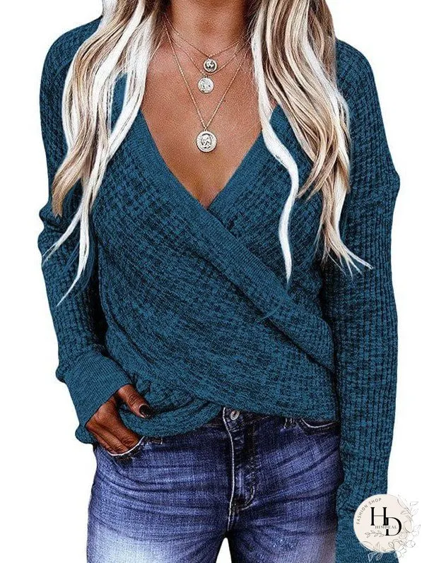 V-Neck Ladies' Sweater With Cross Detail In Solid Colors And Sexy Long Sleeves