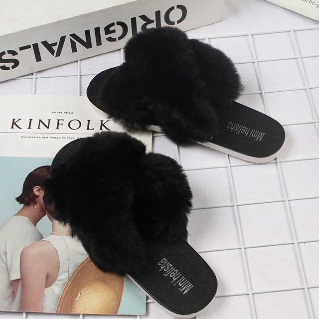 Faux Fur Slides Women Furry Fox Fur Slippers for Woman Female Indoor Shoes Fluffy Plush with Fur Slippers Flip Flops Size 39 40