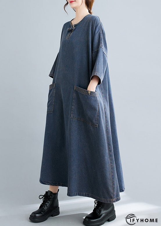 Plus Size Blue O Neck Pockets Patchwork Denim Long Dresses Fall | IFYHOME