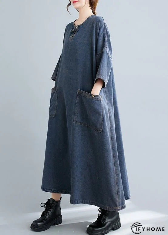 Plus Size Blue O Neck Pockets Patchwork Denim Long Dresses Fall | IFYHOME