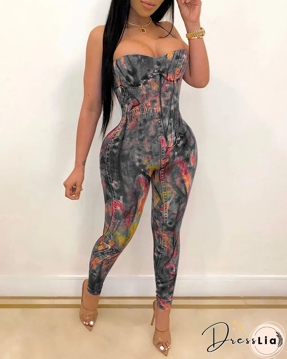 Tie Dye Sleeveless Slim Strappy Jumpsuit