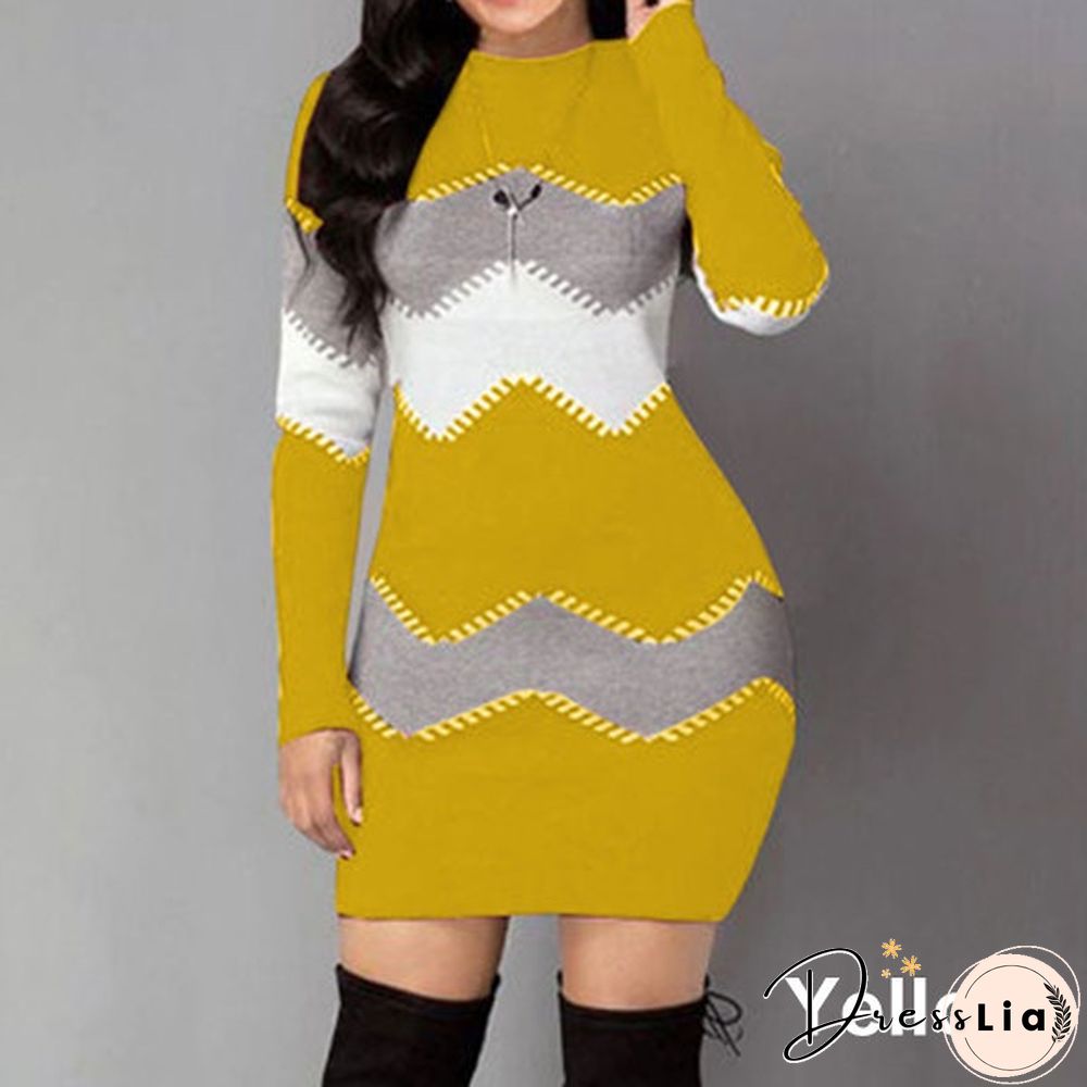 Fashion Women Ladies Long Sleeve Sweater Dress 4 Colors Color Block Long-Sleeved Sweater Bag Hip Skirt Xs-5Xl
