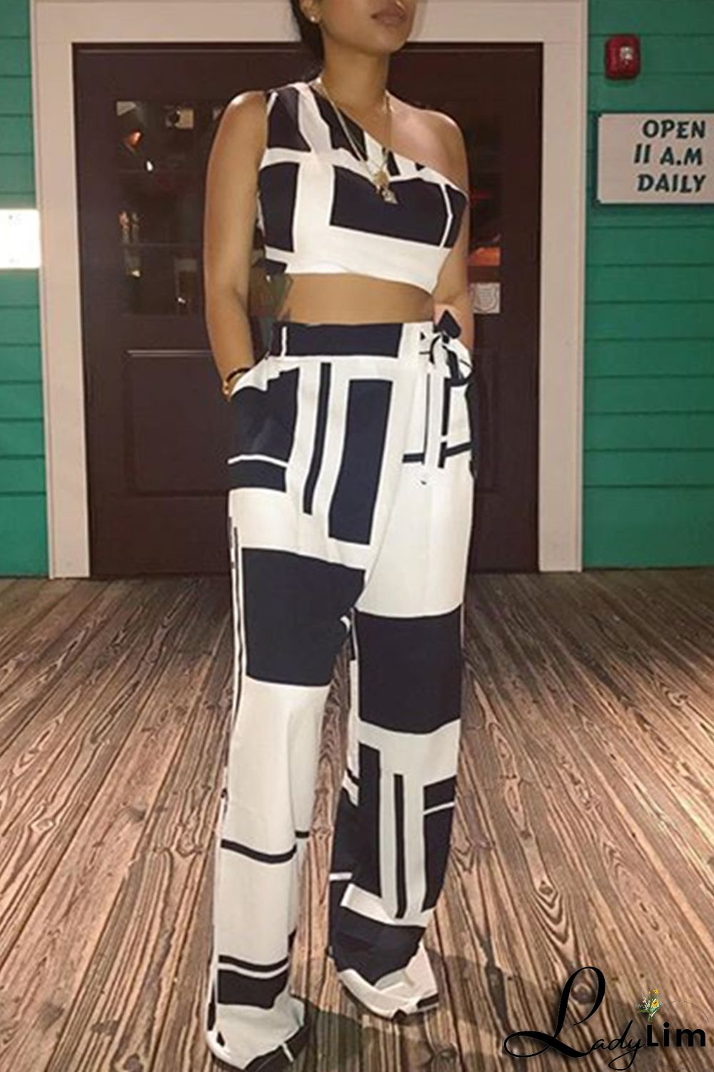 Black Sexy Casual Print Vests Pants One Shoulder Sleeveless Two Pieces