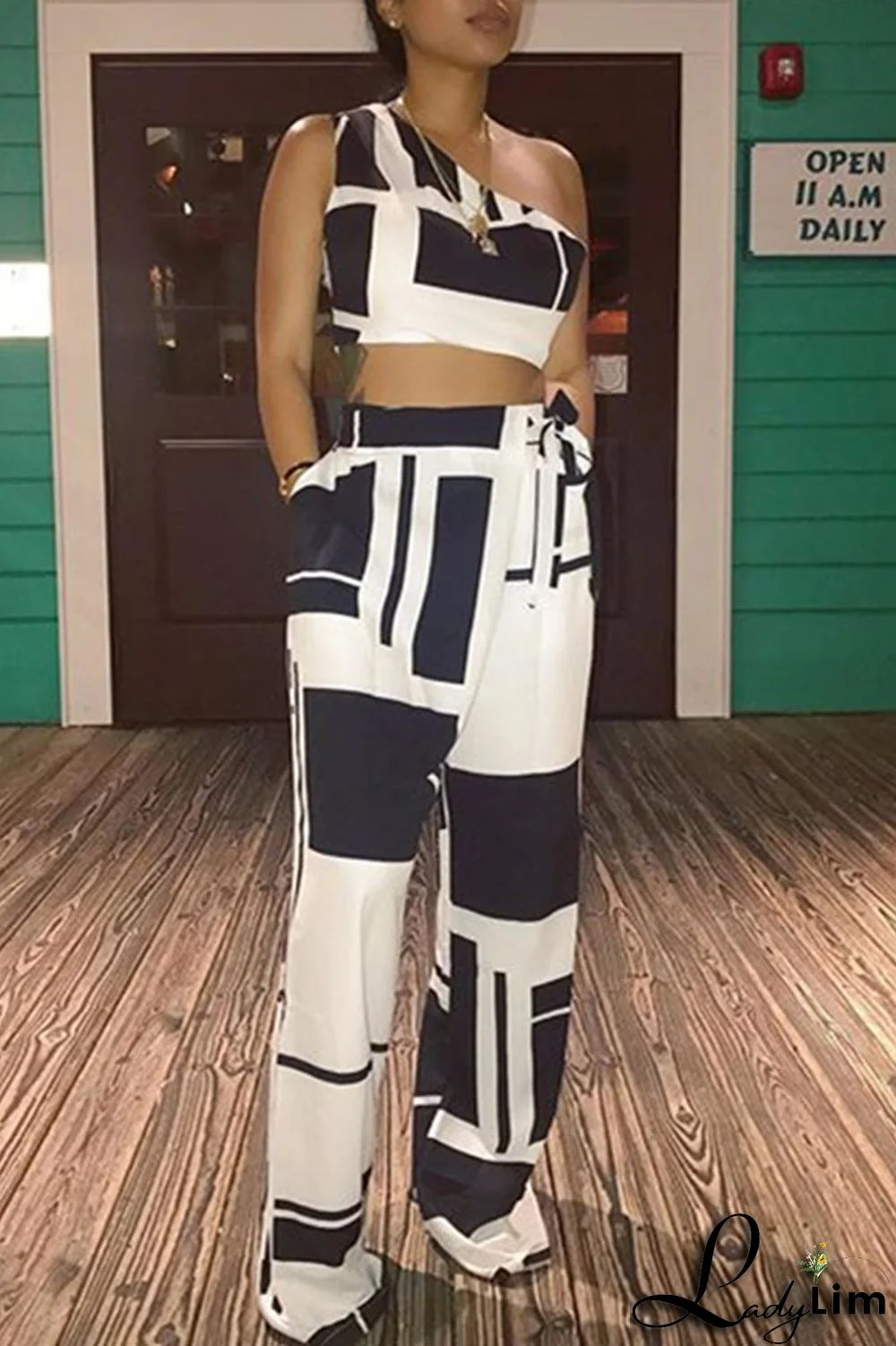 Black Sexy Casual Print Vests Pants One Shoulder Sleeveless Two Pieces