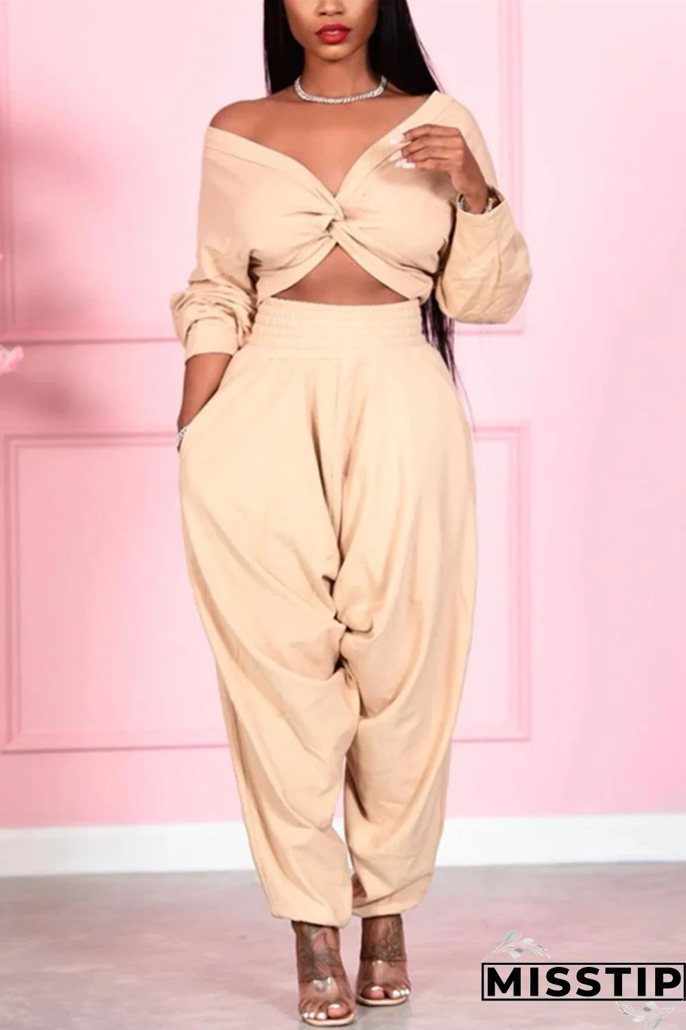 Khaki Sexy Casual Solid Basic V Neck Long Sleeve Two Pieces