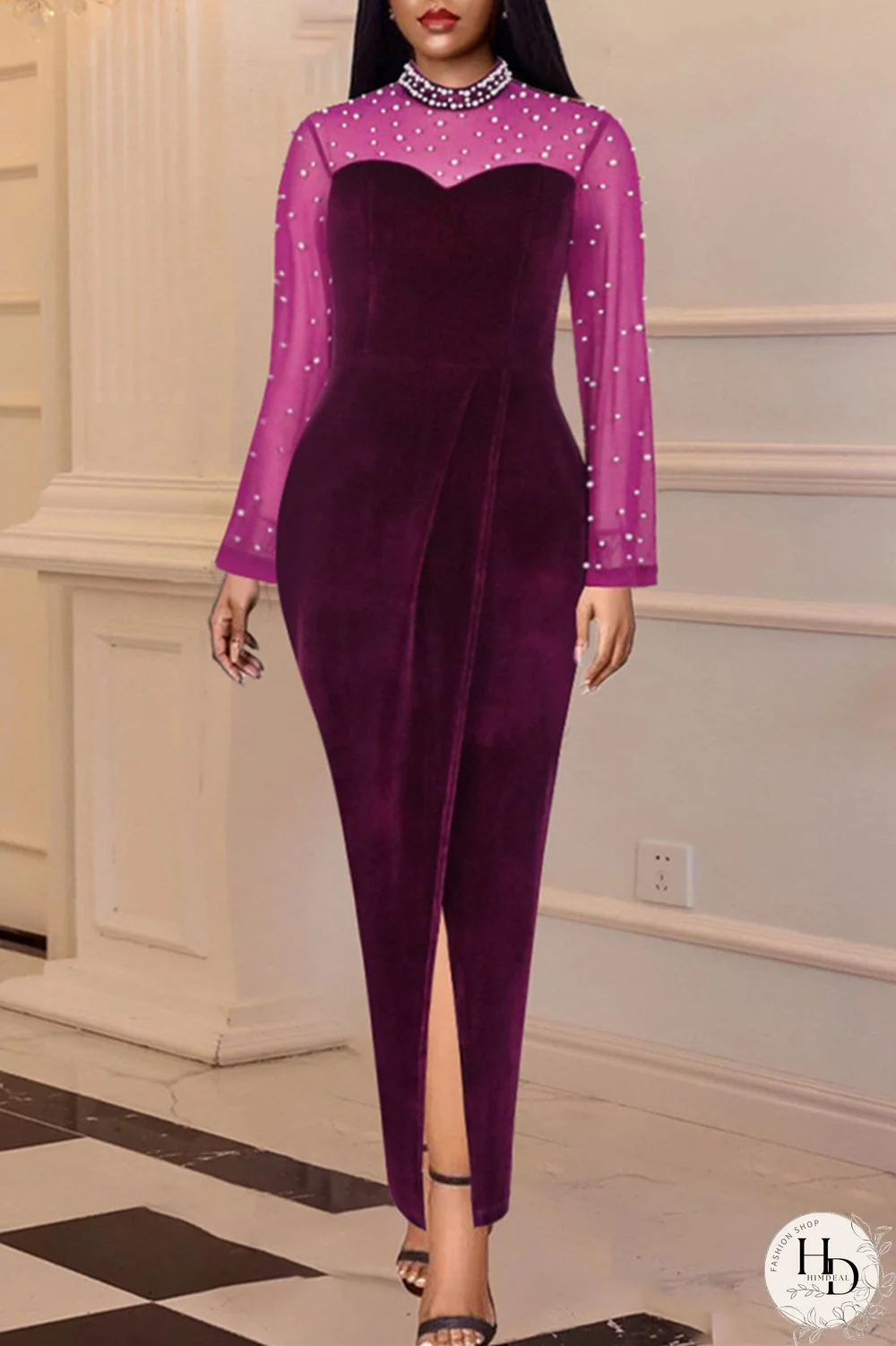 Purple Fashion Sexy Patchwork Slit Beading Half A Turtleneck Long Sleeve Dresses