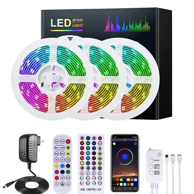 5M 10M 15M 20M RGB LED Strip Lights Music Sync 12V Waterproof LED Strip 30LED/M 5050 SMD Color Changing LED Light with Bluetooth Controller and Adapter for Bedroom Home TV Back Light DIY Deco