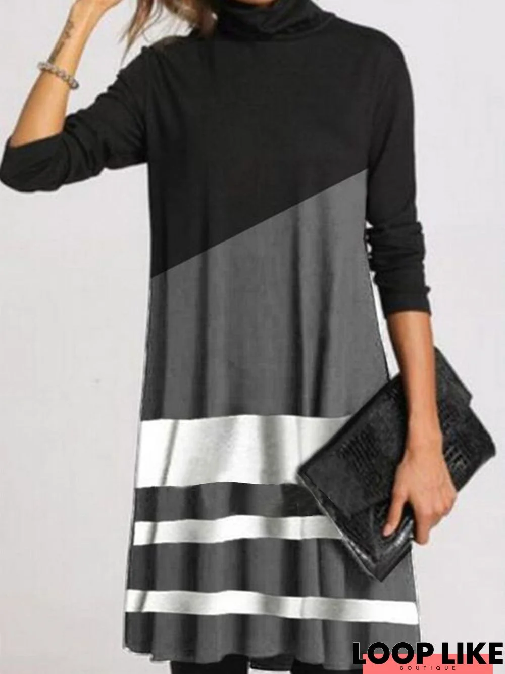 High Neck Loosen Color Block Knitting Dress