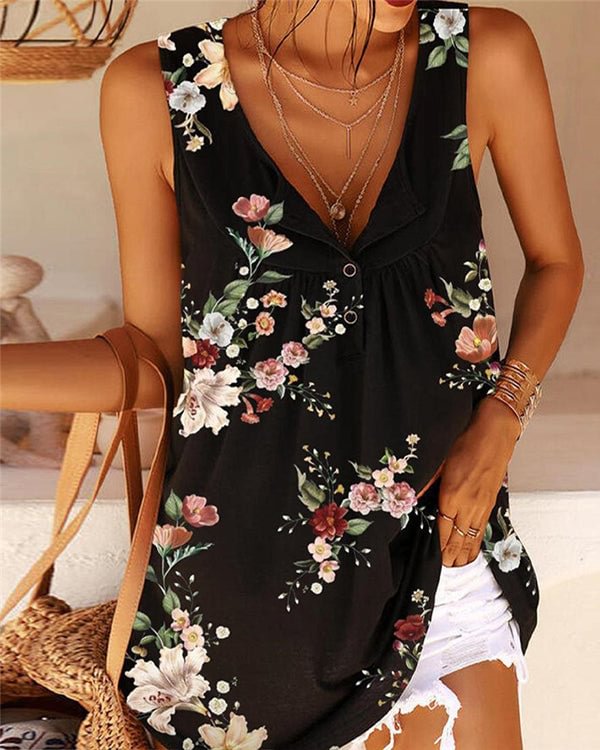 Printed V-Neck Twist Button Sleeveless Tank Top